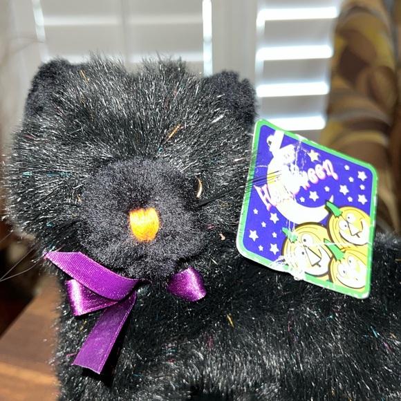 Halloween Black Cat Plush Stuffed Animal Purple Bow Rainbow Metallic Vintage - Picture 3 of 6
